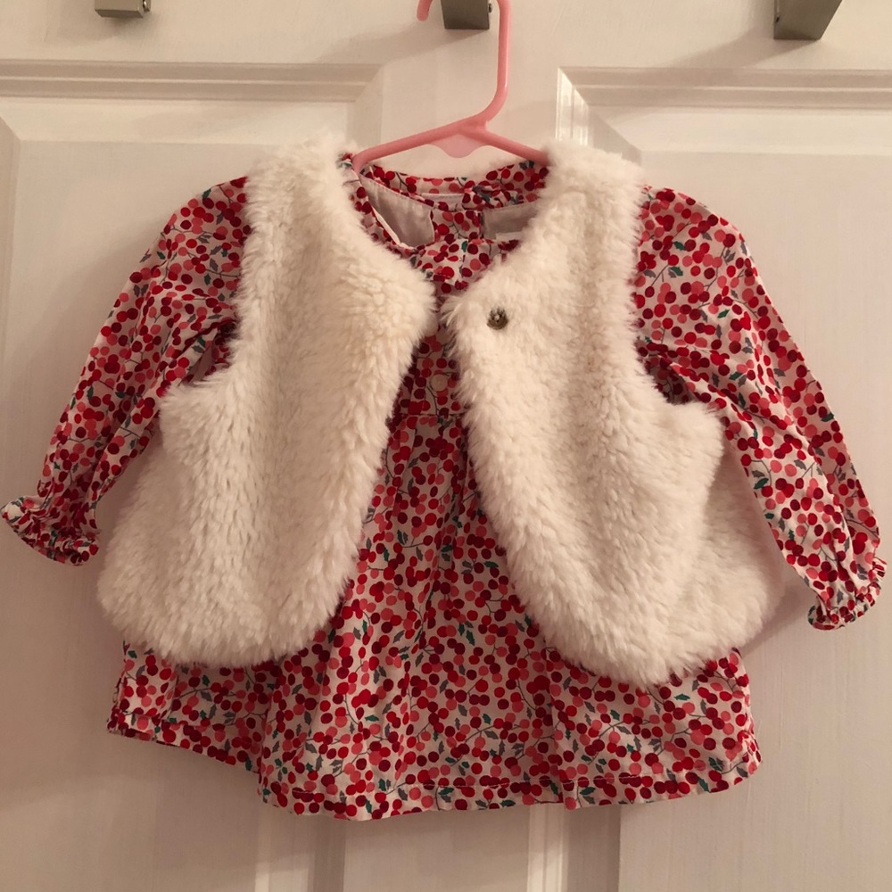 Gymboree faux fur vest and red dress 6-12 months